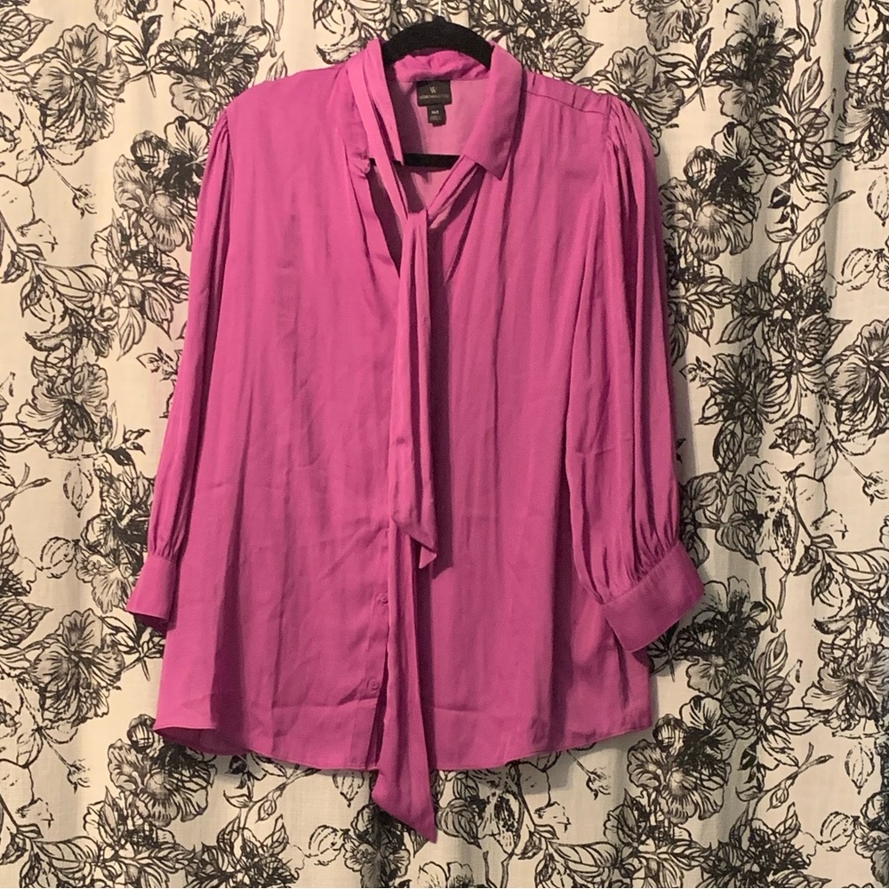 Women’s purple tie neck blouse satin button up business work blouse